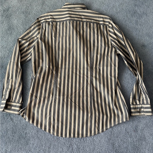 Façonnable women’s dress shirt 100% cotton grey and tan stripes preppy - Picture 7 of 7